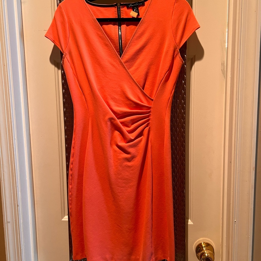 Kenneth Cole Orange Ruched Wrap Midi Dress